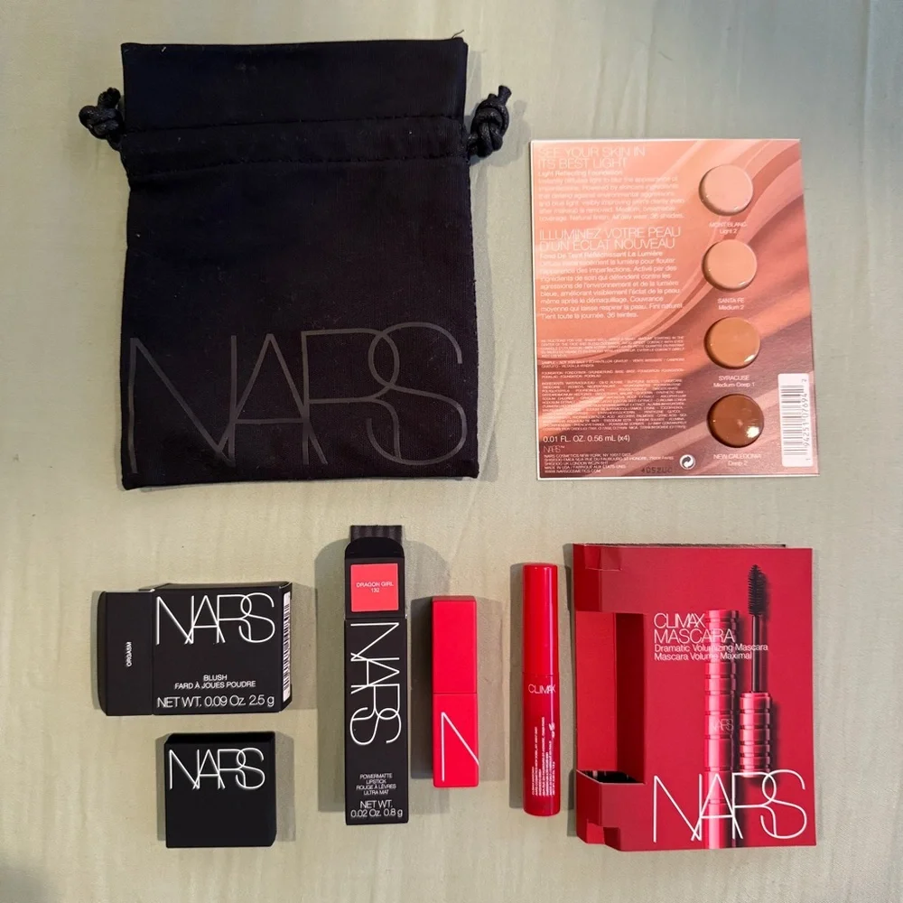NARS Lipstick, Orgasm Blush, Mascara, Foundation Sample Set w Black Canvas Bag